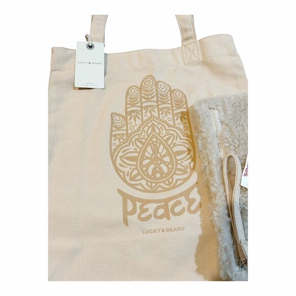 Lucky Brand Hamsa Tote Shopper Bag & Sherpa Makeup Case Set Color Macadamia NWT - Picture 2 of 4